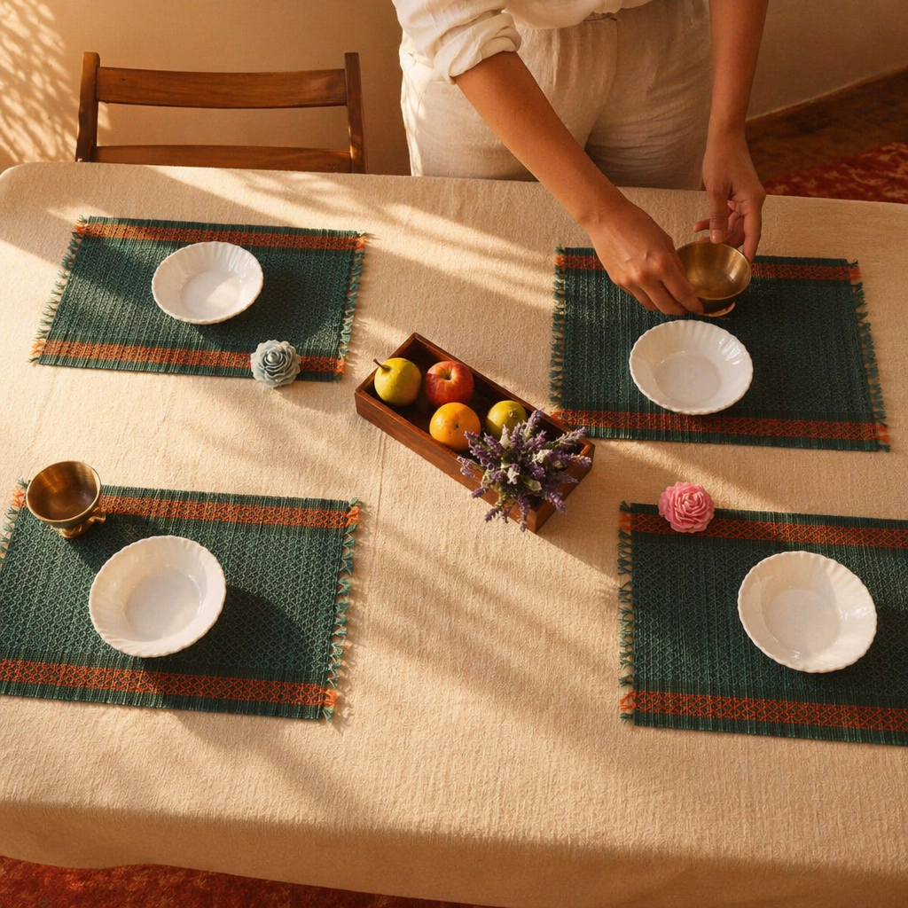 Teal Handwoven Grass Table Mat, The Gathered Table. Handmade in India by House of Taraasha.