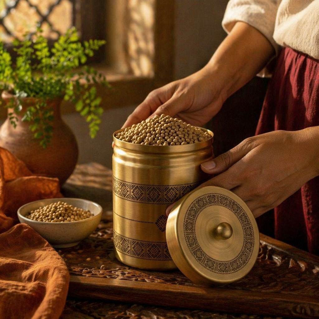 Kanjeevaram Etched Pure Brass Kitchen Storage Jar, The Brass Atelier. Handmade in India by House of Taraasha.