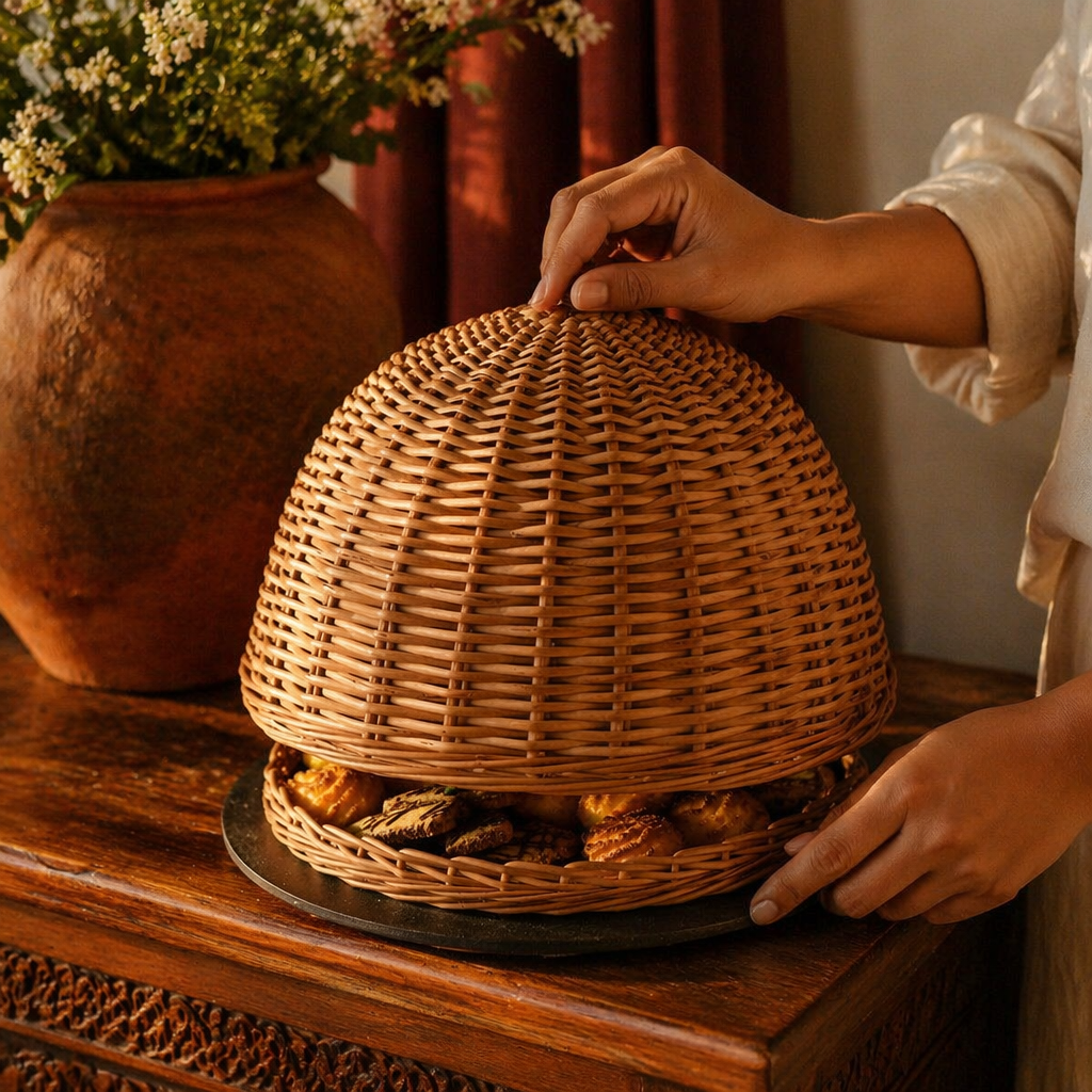 Kashmir Willow Cloche Serving Platter with Lid, The Wicker House. Handmade in India by House of Taraasha.