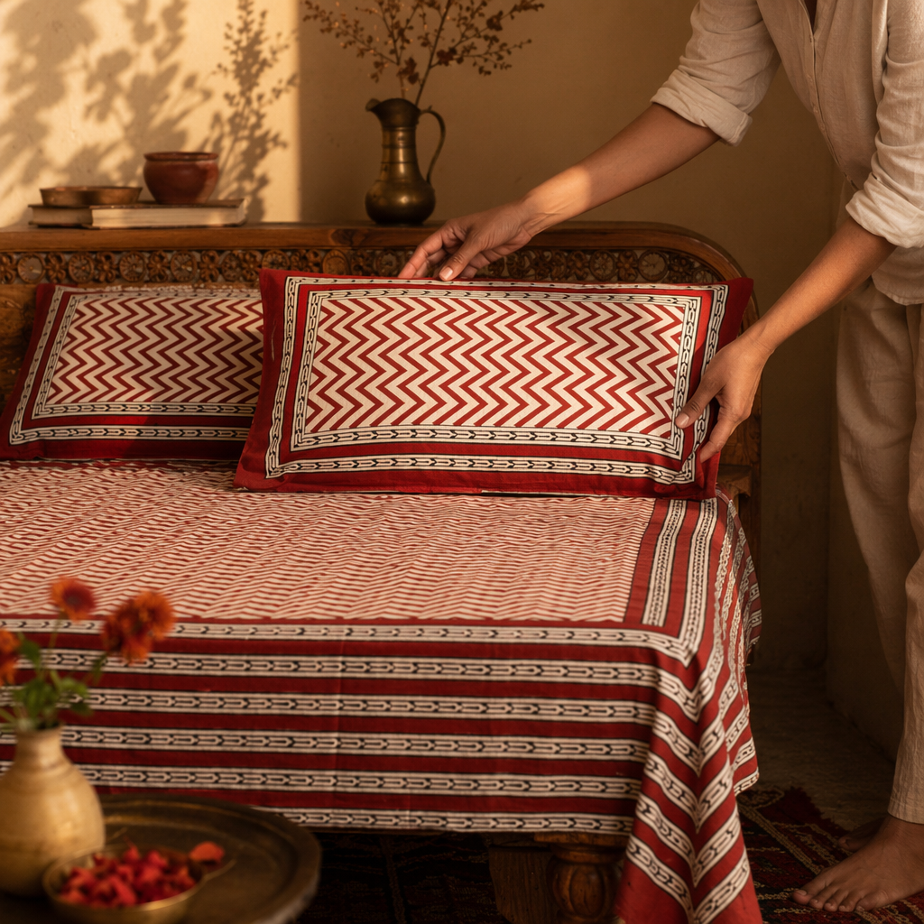 Maroon & Black Bagru Chevron Bedsheet, The Linen Room. Handmade in India by House of Taraasha.