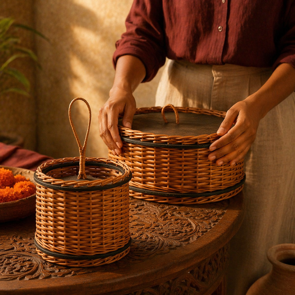 Kashmir Willow Storage Box & Cutlery Caddy, The Wicker House. Handmade in India by House of Taraasha.