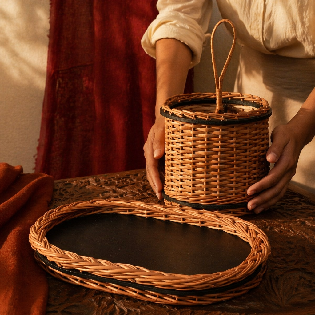 Kashmir Willow Serving Tray & Cutlery Caddy, The Brass Atelier. Handmade in India by House of Taraasha.