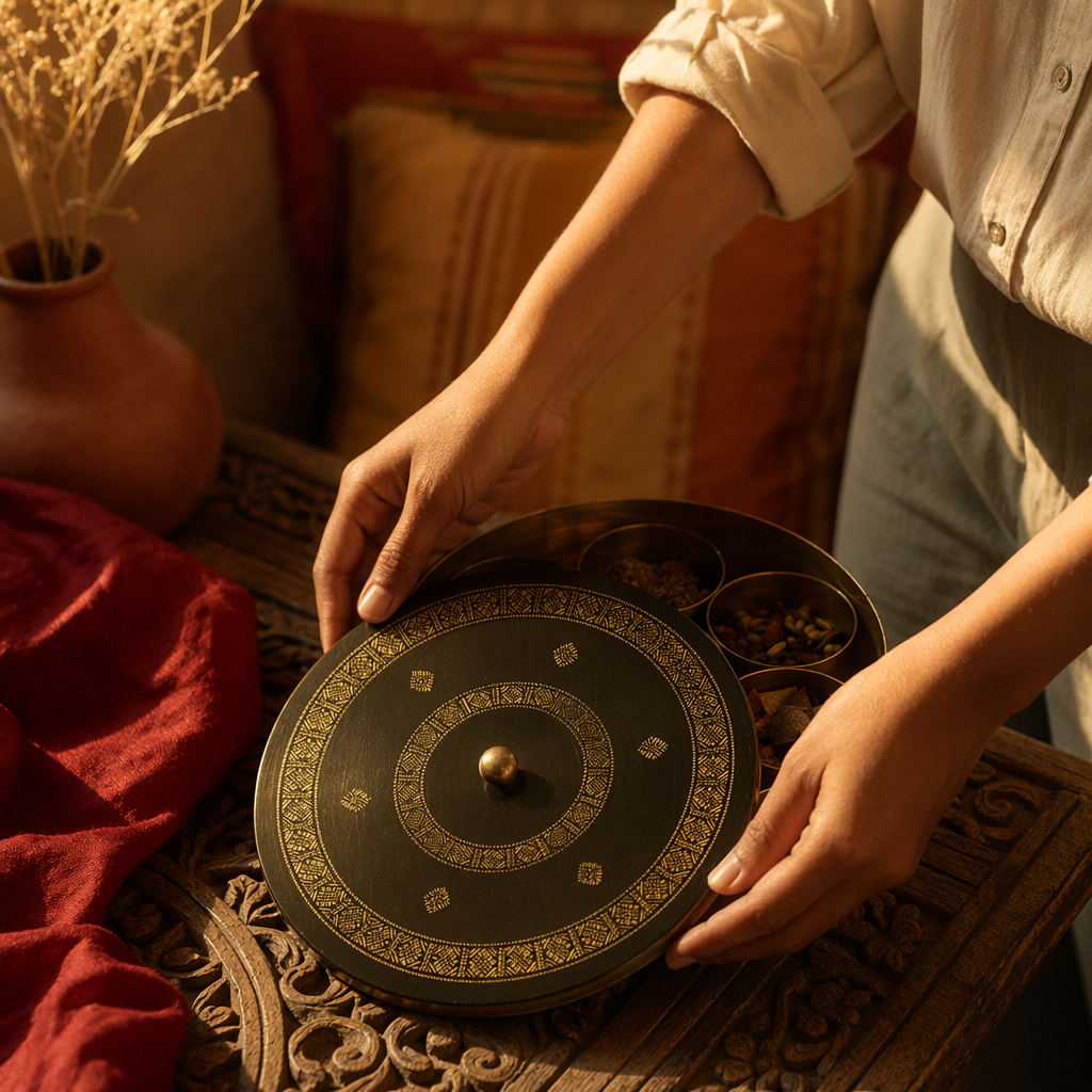 Kanjeevaram Brass Antique Masala Dabba, The Brass Atelier. Handmade in India by House of Taraasha.