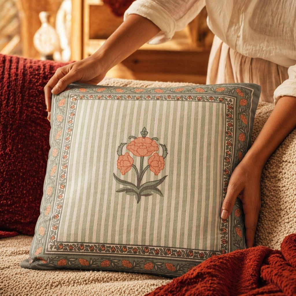 Floral Green and Dusty Pink Hand-Printed Cushion Cover, The Living Room. Handmade in India by House of Taraasha.