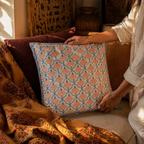 Blue and Dusty Pink Jaali Courtyards Cushion Cover, The Living Room. Handmade in India by House of Taraasha.