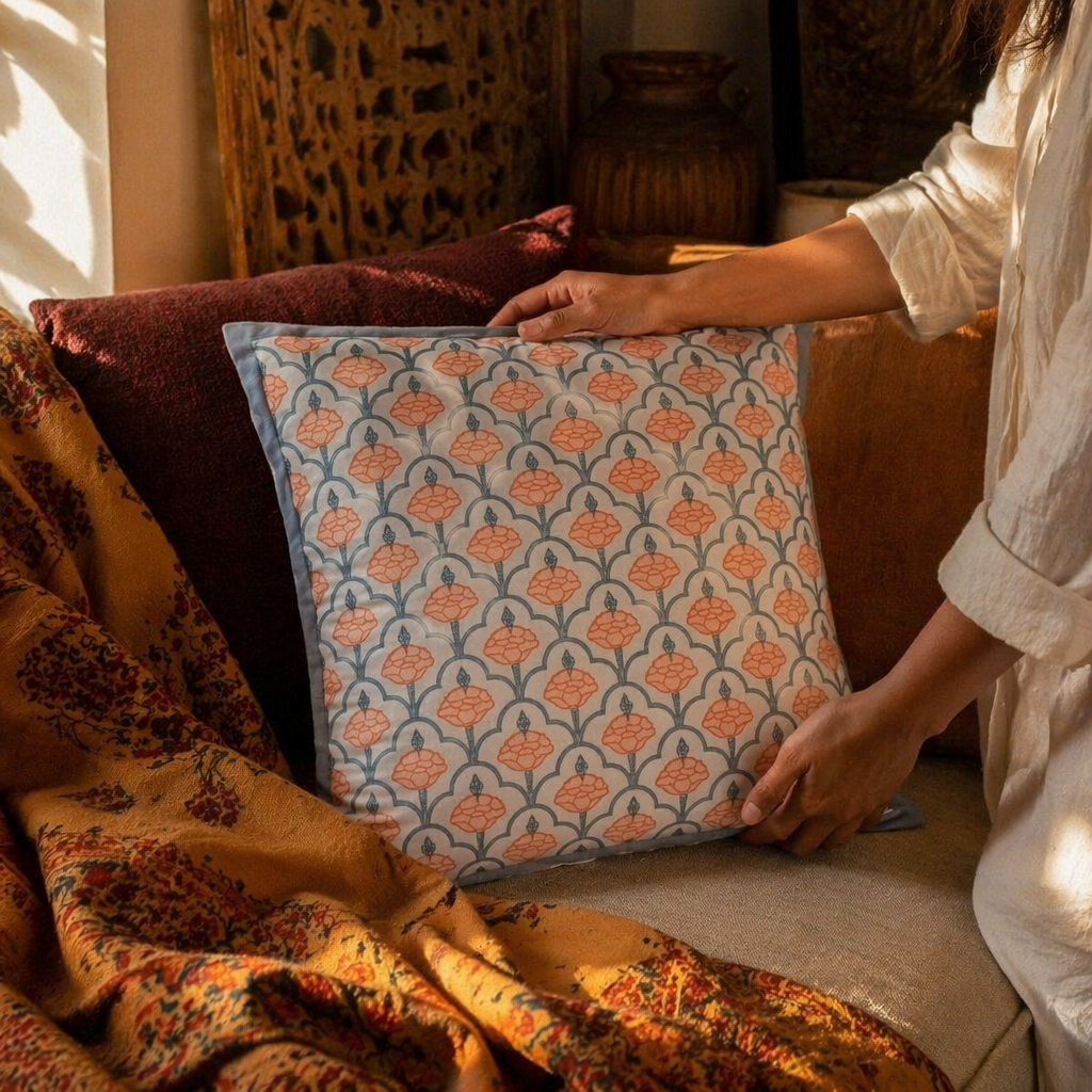 Blue and Dusty Pink Jaali Courtyards Cushion Cover, The Living Room. Handmade in India by House of Taraasha.