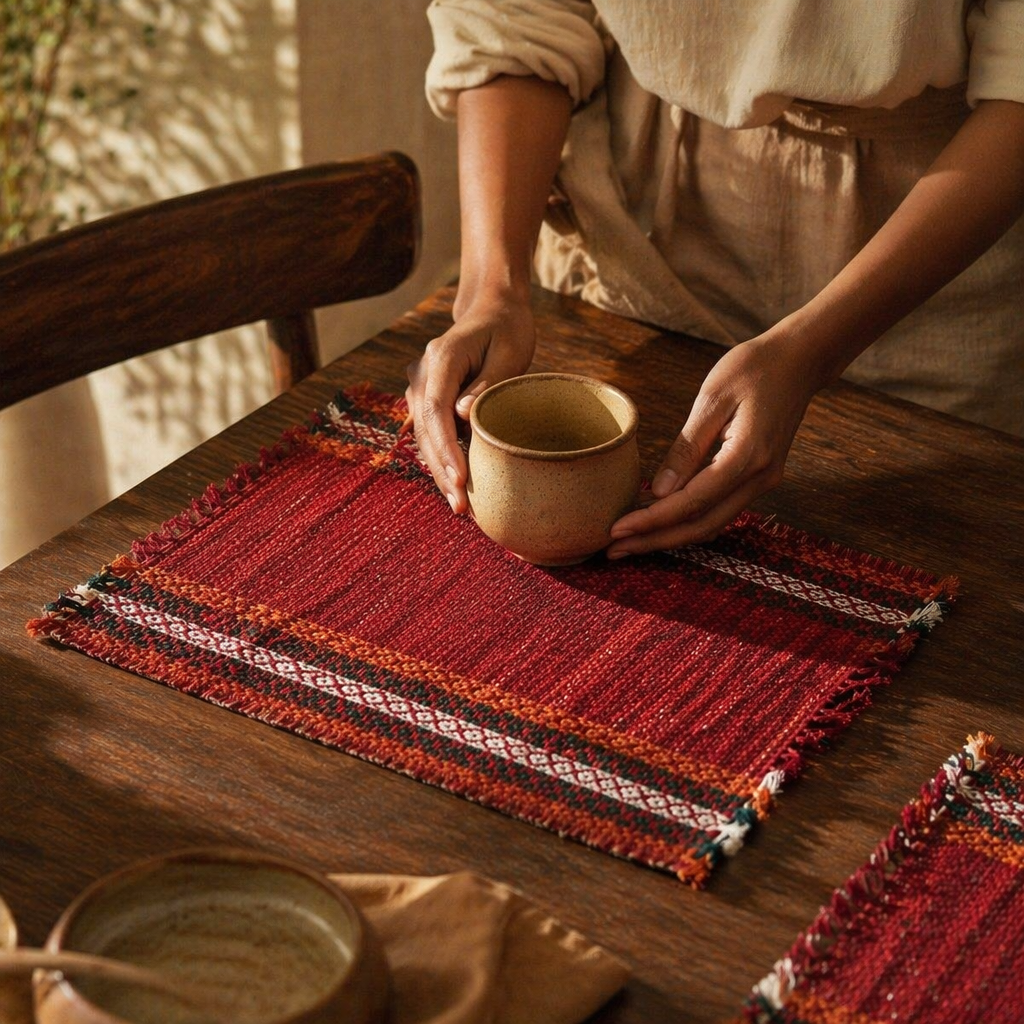 Ruby Red Handwoven Grass Table Mat, The Gathered Table. Handmade in India by House of Taraasha.