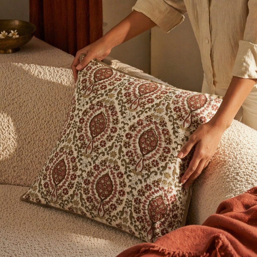 Ivory and Rust Vintage Pattern Block-Printed Cushion Cover, The Living Room. Handmade in India by House of Taraasha.