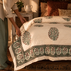 Mughal Florals White and Green Jaipuri Razai, The Linen Room. Handmade in India by House of Taraasha.