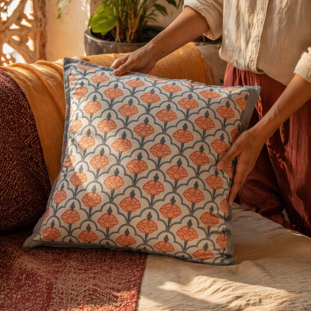 Jaali and Floral Blue and Dusty Pink Cushion Cover Set, The Living Room. Handmade in India by House of Taraasha.