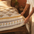 Marigold Jaali Ivory and Taupe Cotton Quilt, The Linen Room. Handmade in India by House of Taraasha.