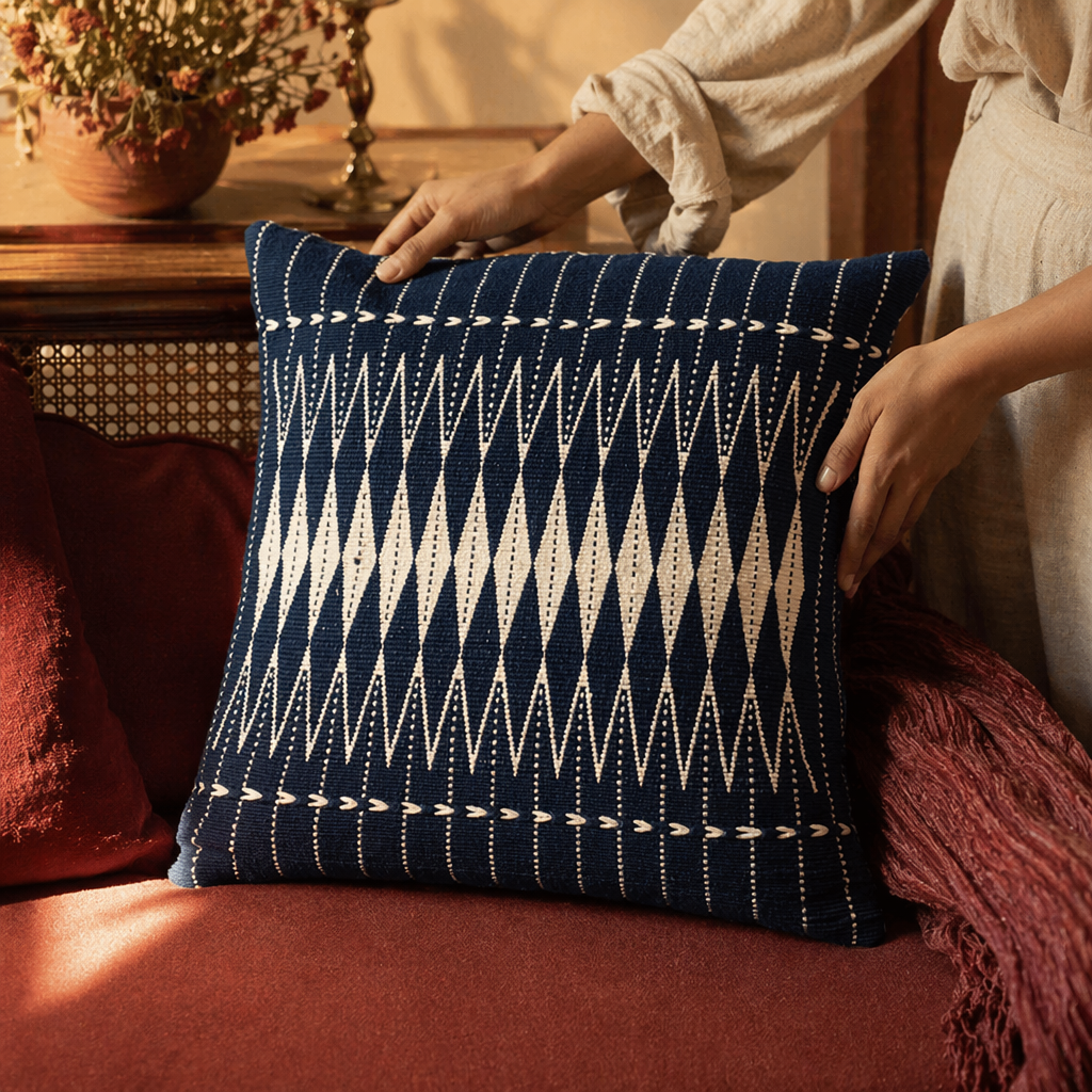 Naga Indigo Fusion Backstrap-Woven Blue and White Cushion Cover, The Living Room. Handmade in India by House of Taraasha.