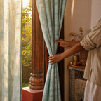 Teal Karhuwa Cutwork Door Curtain, The Draped Window. Handmade in India by House of Taraasha.