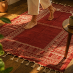 Jaipuri Maroon Hand Block-Printed Cotton Floor Rug, The Woven Floor. Handmade in India by House of Taraasha.