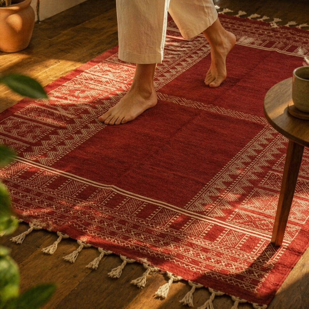 Jaipuri Maroon Hand Block-Printed Cotton Floor Rug, The Woven Floor. Handmade in India by House of Taraasha.