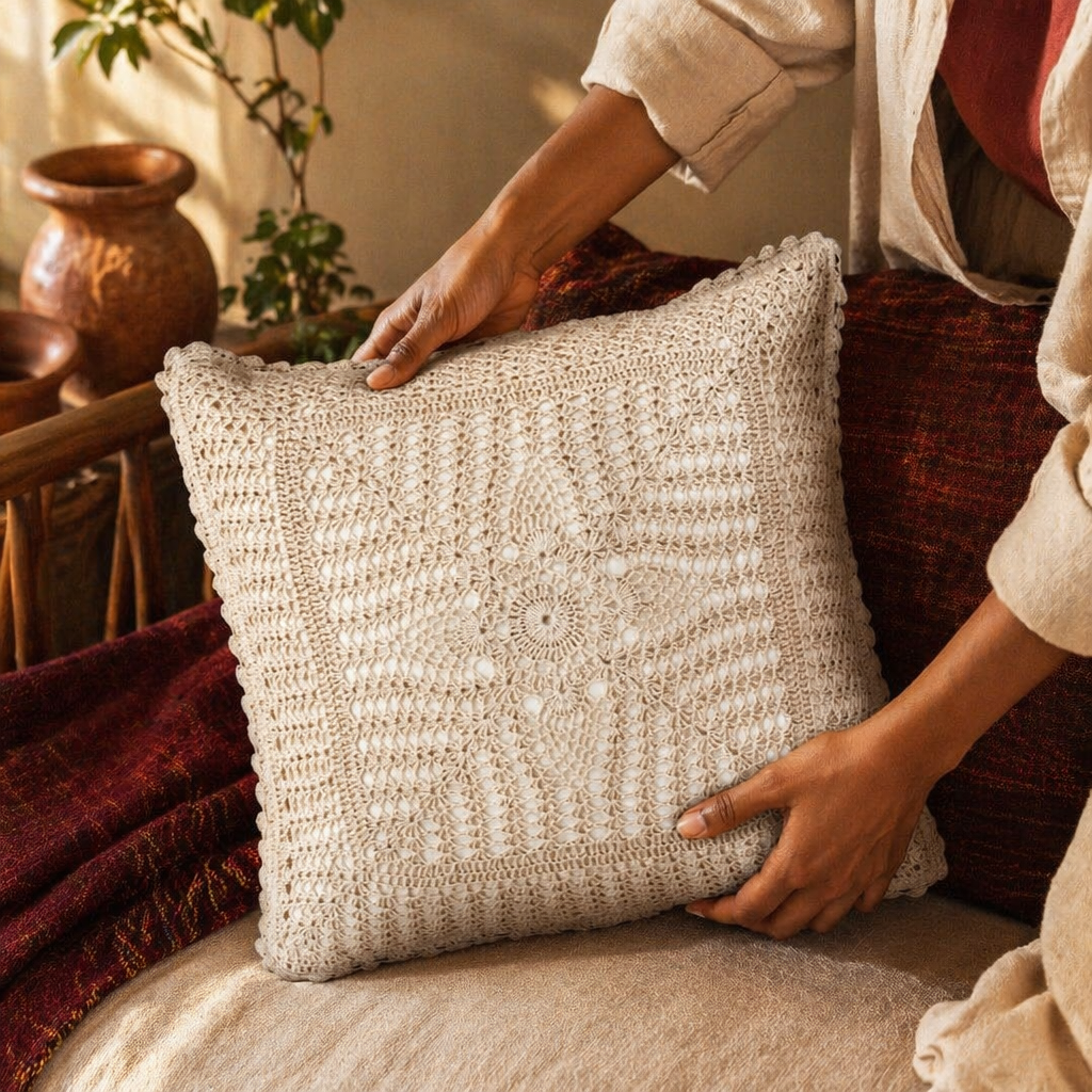 White Floret Handmade Crochet Cushion Cover, The Living Room. Handmade in India by House of Taraasha.