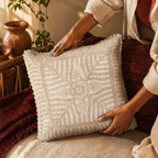 White Floret Handmade Crochet Cushion Cover, The Living Room. Handmade in India by House of Taraasha.
