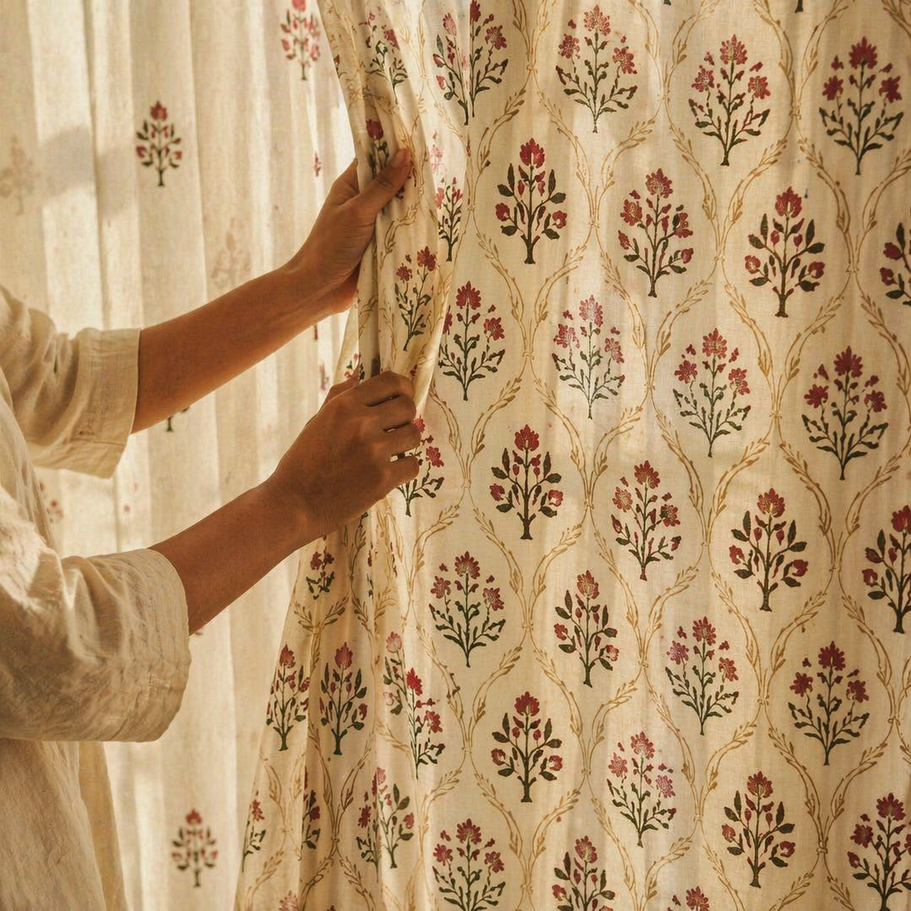 Royal Courtyards Rust & Maroon Printed-Sheer Set of Four, The Draped Window. Handmade in India by House of Taraasha.