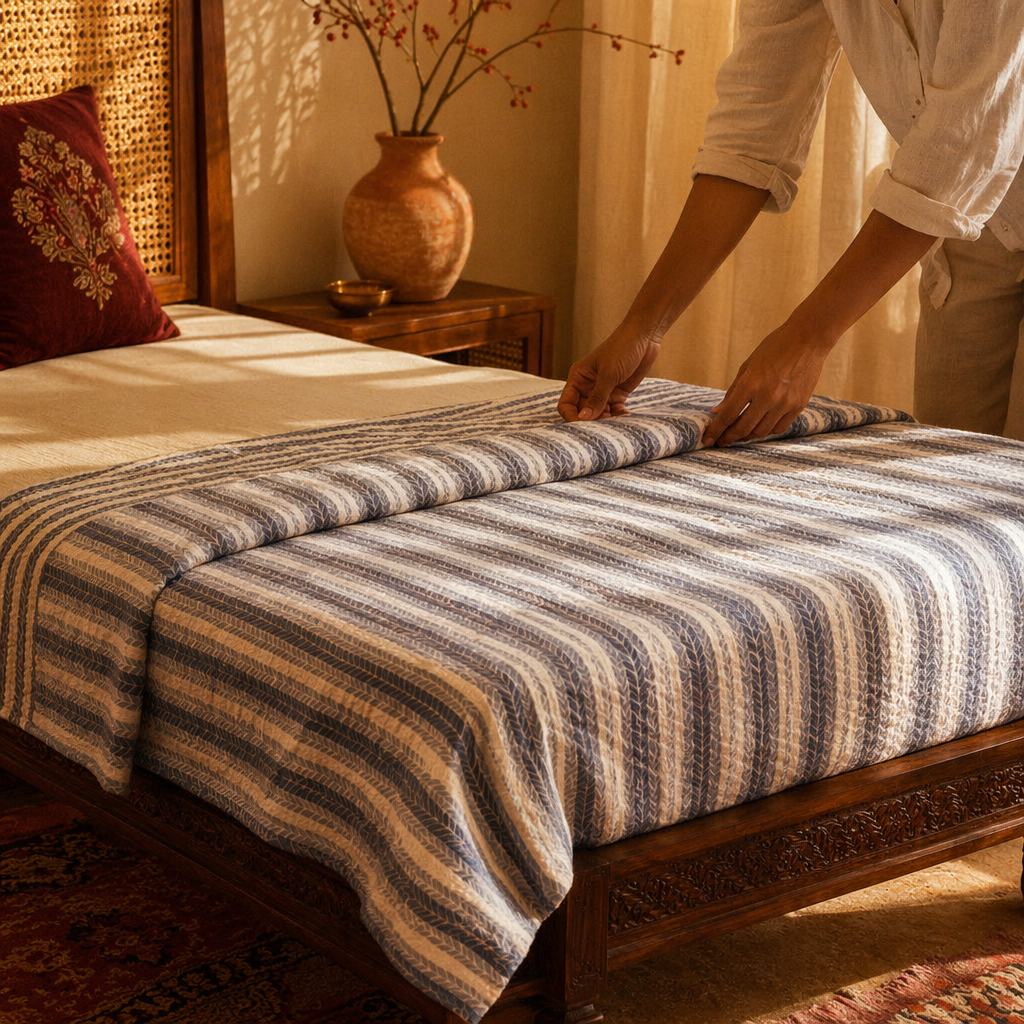 Blue Leafy Stripes Reversible Mulmul Quilt, The Linen Room. Handmade in India by House of Taraasha.