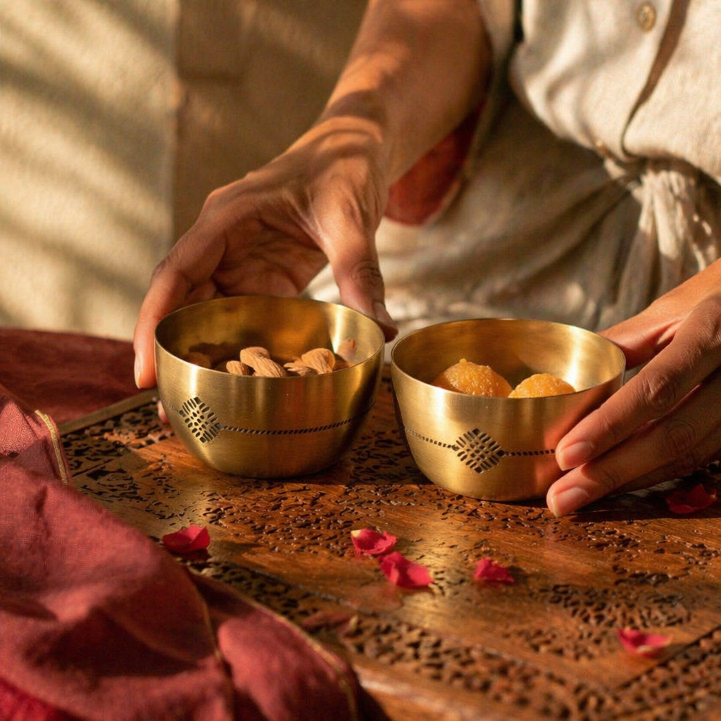 Kanjeevaram Brass Etched Small Serving Bowl, The Brass Atelier. Handmade in India by House of Taraasha.