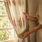 Floral Block-Print Sheer Pure Cotton Window Curtain, The Draped Window. Handmade in India by House of Taraasha.