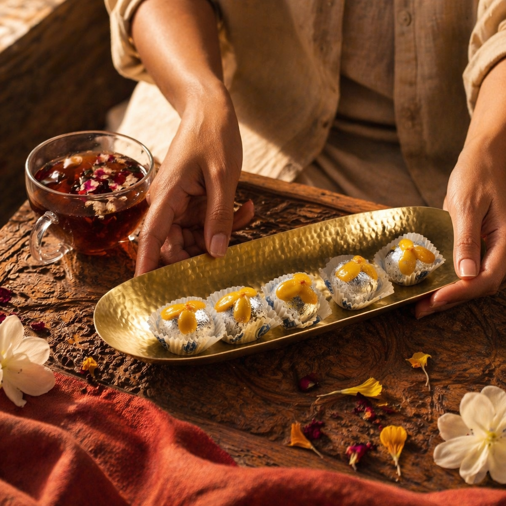 Moradabad Hammered Brass Serving Tray Platter, The Brass Atelier. Handmade in India by House of Taraasha.