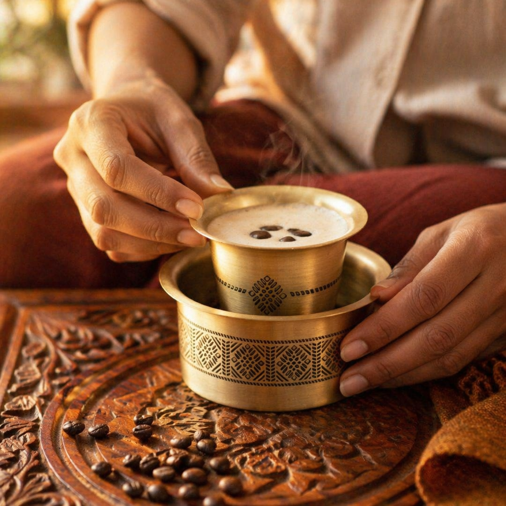 Kanjeevaram Etched Pure Brass Coffee Dabara Set, The Brass Atelier. Handmade in India by House of Taraasha.