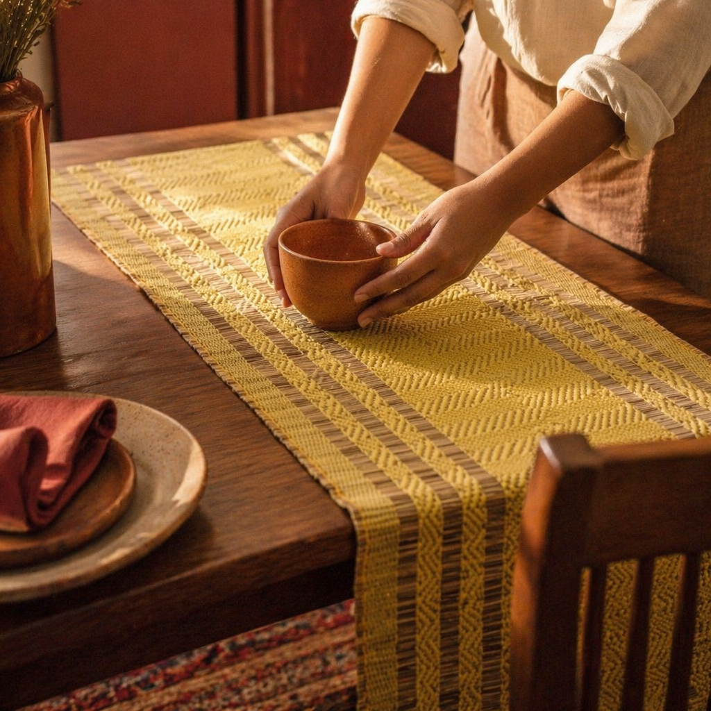 Madur Lemon Handwoven Grass Table Runner, The Gathered Table. Handmade in India by House of Taraasha.