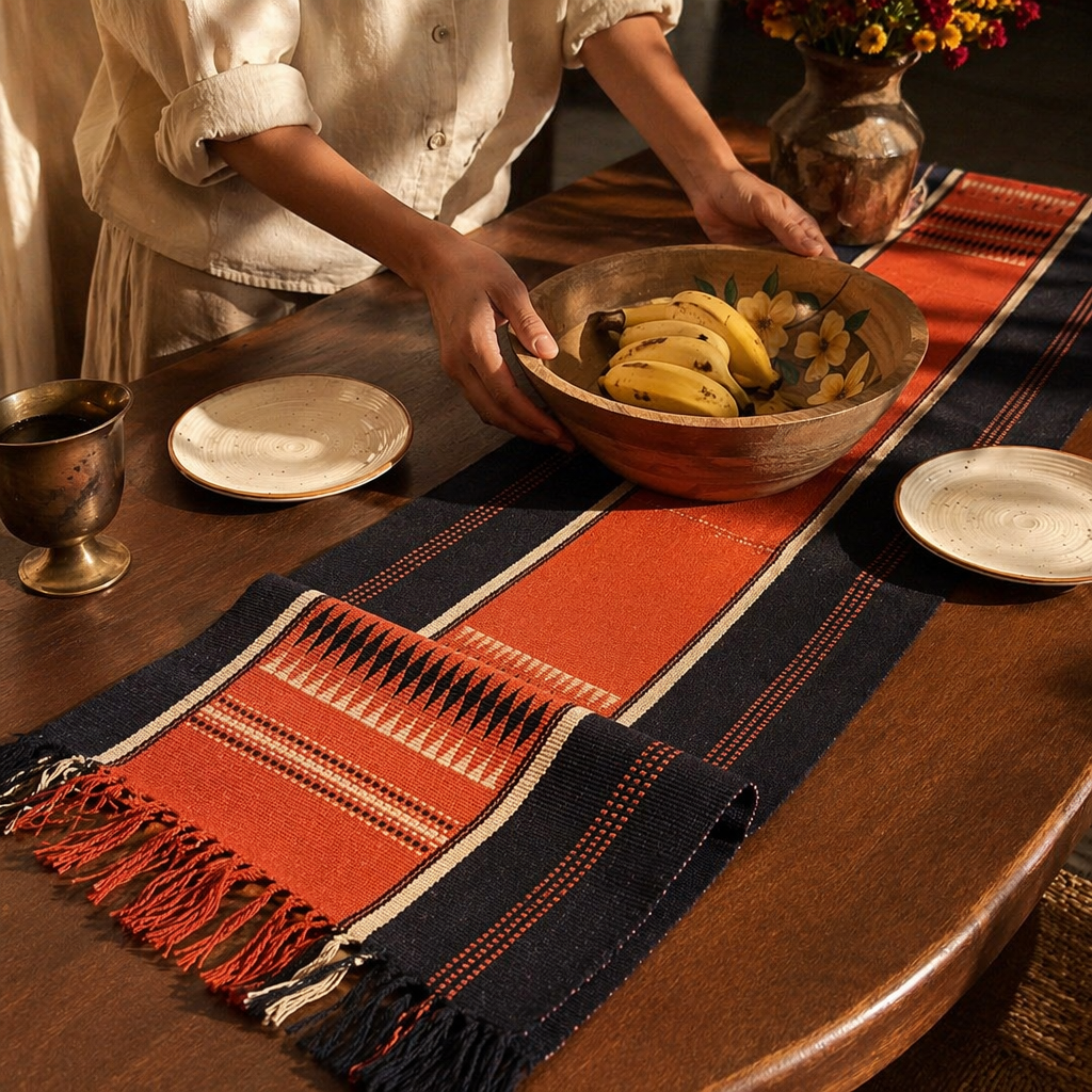 Naga Backstrap-Woven Runner Tangerine and Black, The Gathered Table. Handmade in India by House of Taraasha.