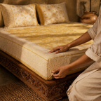 Mustard & Off-White Marigold Motif Bedsheet, The Linen Room. Handmade in India by House of Taraasha.