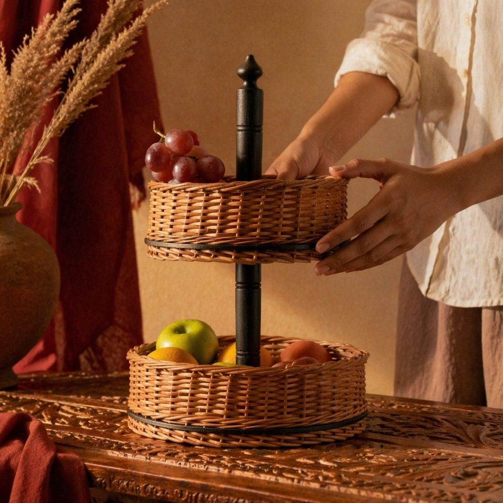 Kashmiri Two-Tier Collapsible Willow Fruit Basket, The Wicker House. Handmade in India by House of Taraasha.