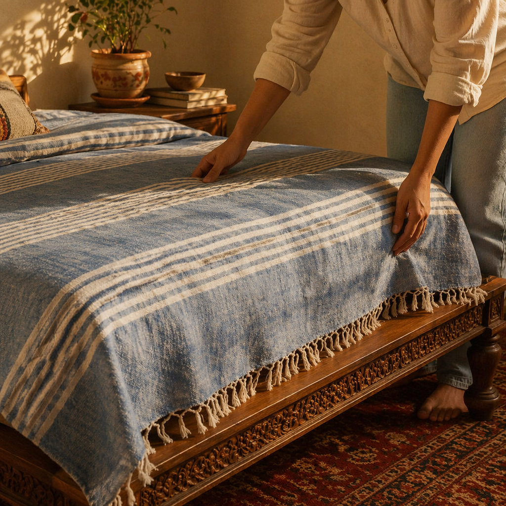 Royal Courtyards Blue Striped Handwoven Bed Cover, The Linen Room. Handmade in India by House of Taraasha.