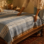 Royal Courtyards Blue Striped Handwoven Bed Cover, The Linen Room. Handmade in India by House of Taraasha.