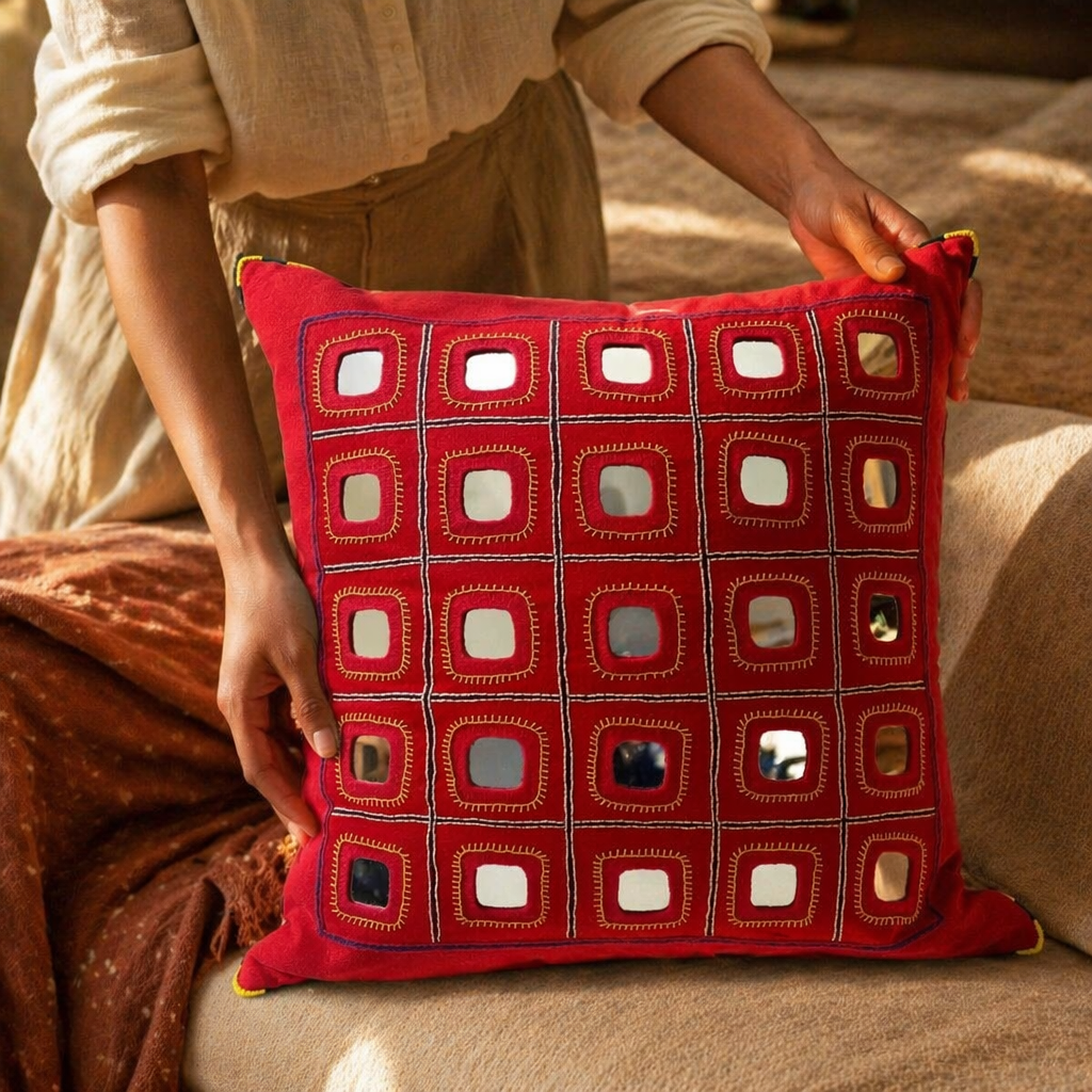 Lambani Mirror Work Hand-Embroidered Cotton Cushion Cover, The Living Room. Handmade in India by House of Taraasha.