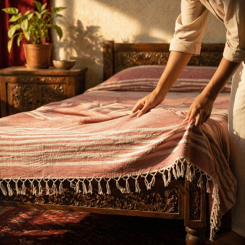 Royal Courtyards Pink Striped Handwoven Bed Cover, The Linen Room. Handmade in India by House of Taraasha.