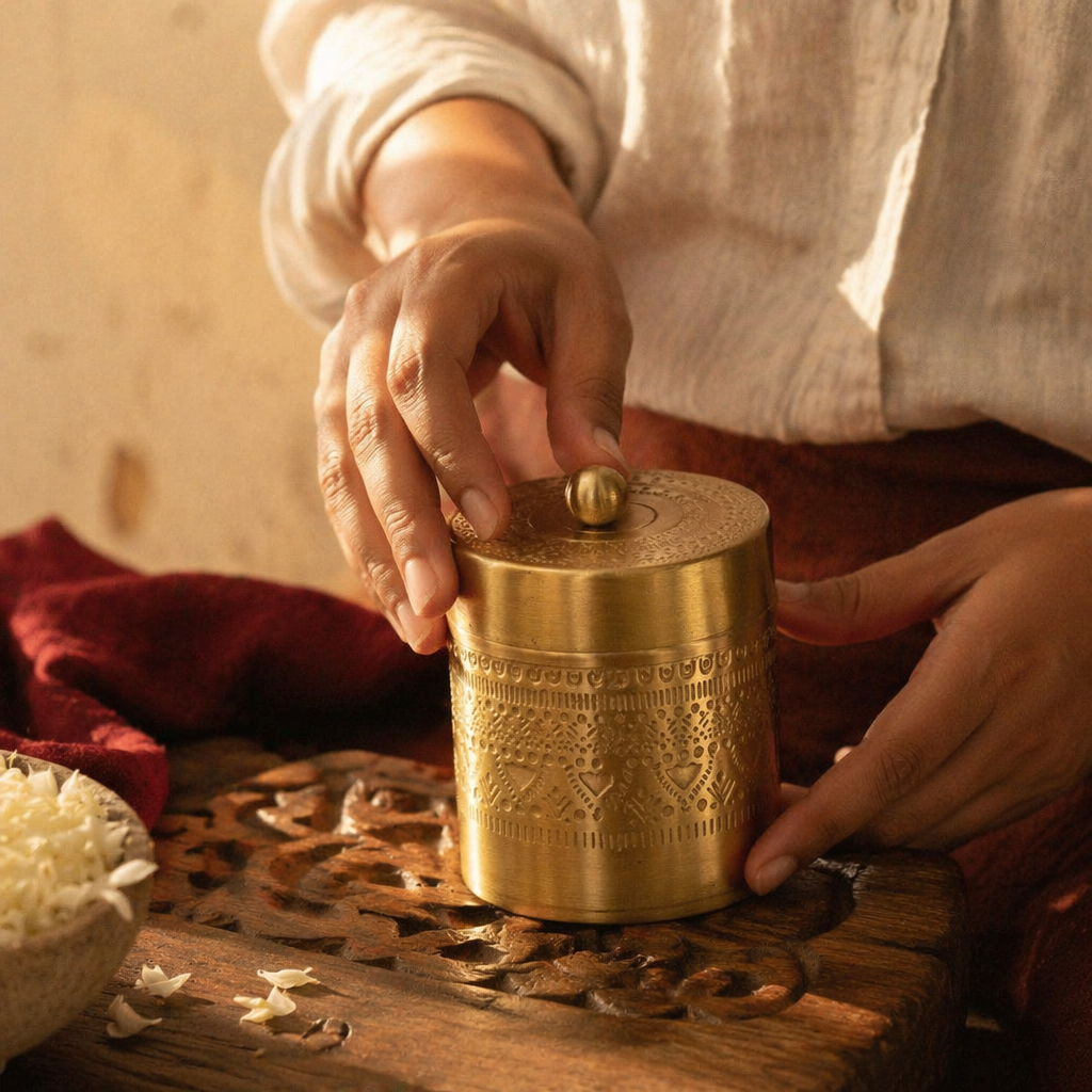 Moradabad Floral-Etched Pure Brass Dabba, The Brass Atelier. Handmade in India by House of Taraasha.