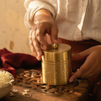 Moradabad Floral-Etched Pure Brass Dabba, The Brass Atelier. Handmade in India by House of Taraasha.