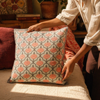 Jaali and Floral Green and Dusty Pink Cushion Cover Set, The Living Room. Handmade in India by House of Taraasha.