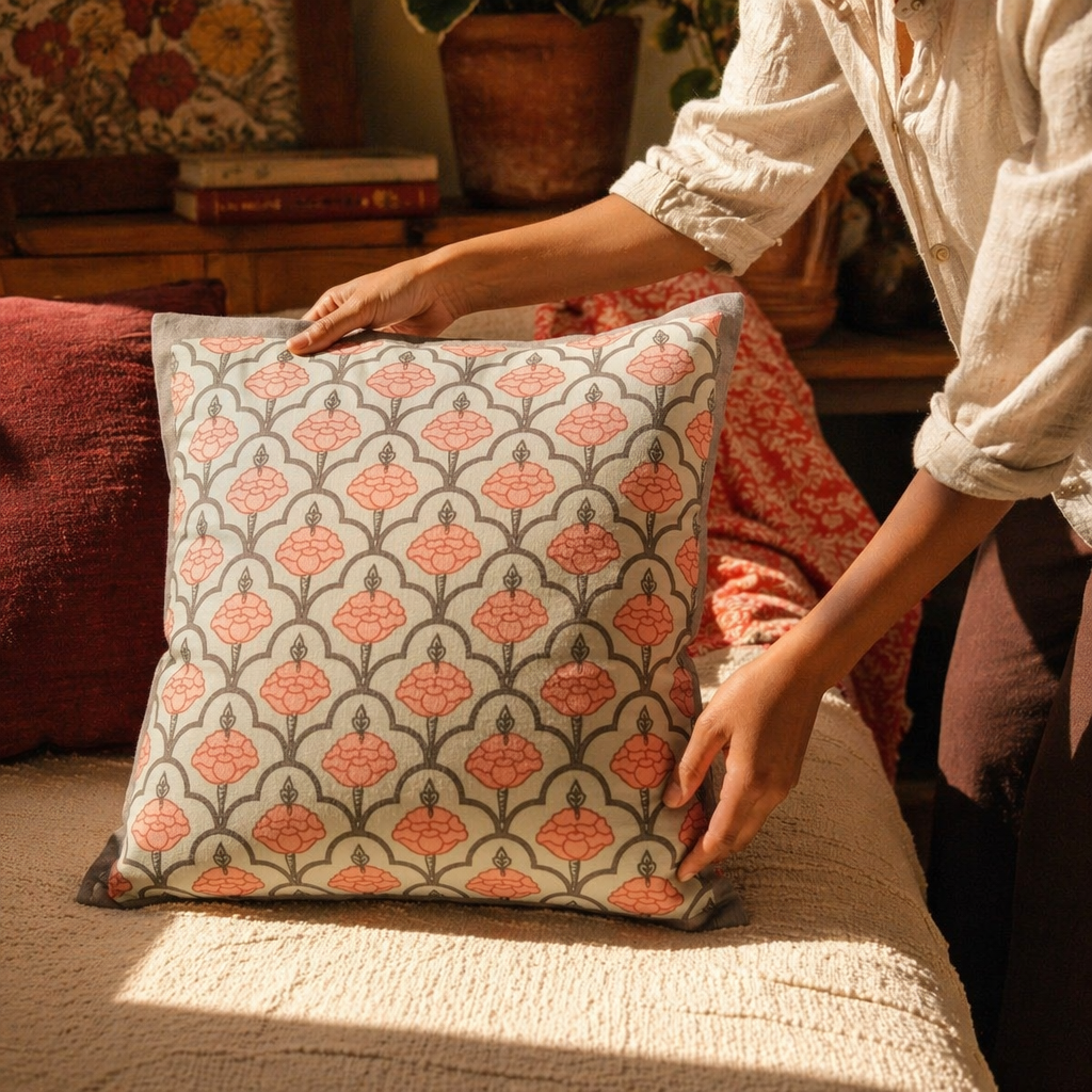 Jaali and Floral Green and Dusty Pink Cushion Cover Set, The Living Room. Handmade in India by House of Taraasha.