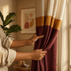 Reversible Navy Cotton Curtain and Cushion Room Set, The Draped Window. Handmade in India by House of Taraasha.