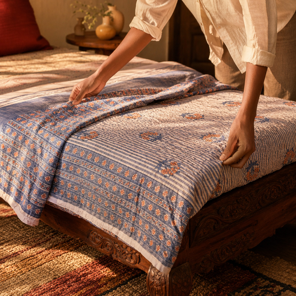 Dusty Pink & Blue Reversible Mulmul Quilt, The Linen Room. Handmade in India by House of Taraasha.