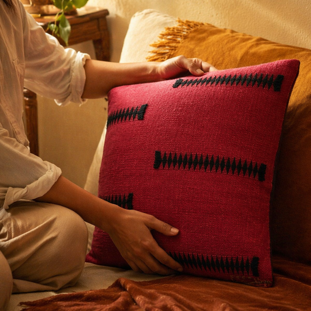 Naga Tribal Backstrap-Loom Black & Red Cushion Cover, The Living Room. Handmade in India by House of Taraasha.