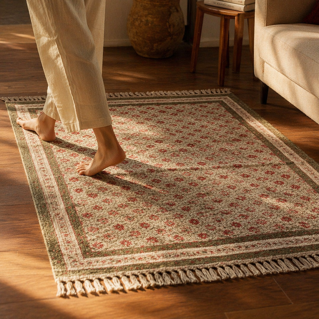 Green and Dusty Pink Royal Courtyards Floral Rug, The Woven Floor. Handmade in India by House of Taraasha.