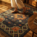 Geometric Indigo Punja-Woven Jute and Wool Rug, The Woven Floor. Handmade in India by House of Taraasha.