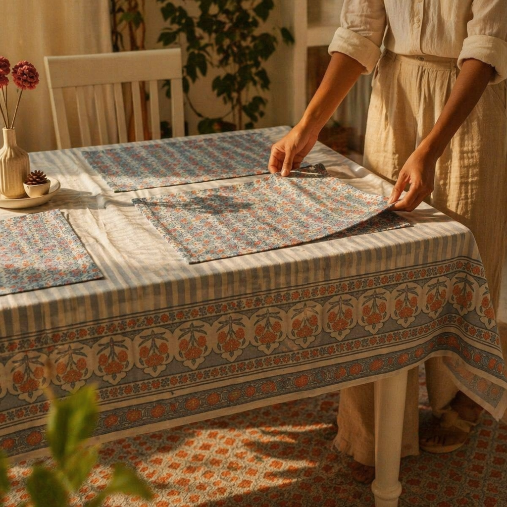 Blue & Dusty Pink Floral Cotton Tablecloth & Mat Set, The Gathered Table. Handmade in India by House of Taraasha.