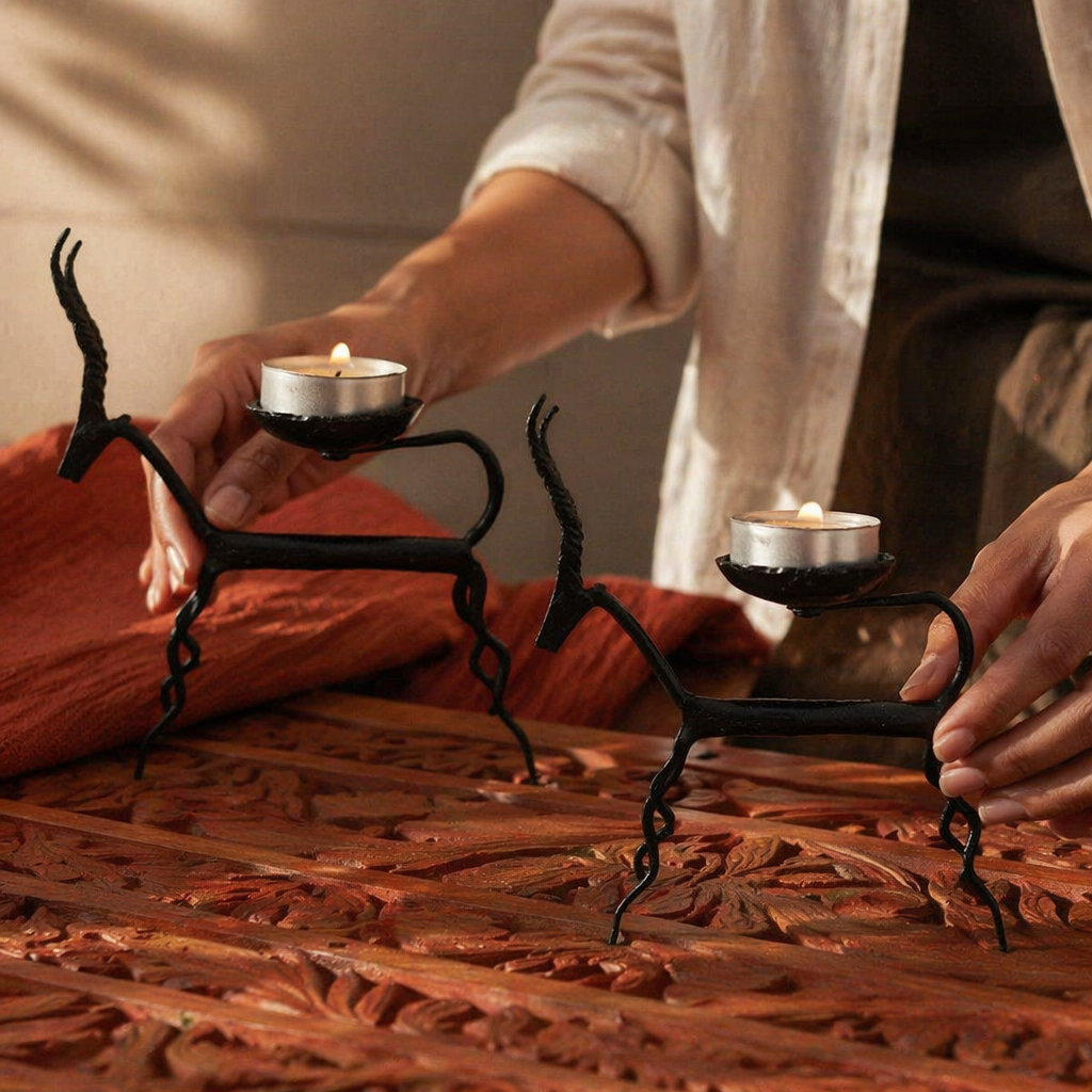 Iron Deer Bastar Lohshilp Wrought Iron Tea Lights, Still Light. Handmade in India by House of Taraasha.
