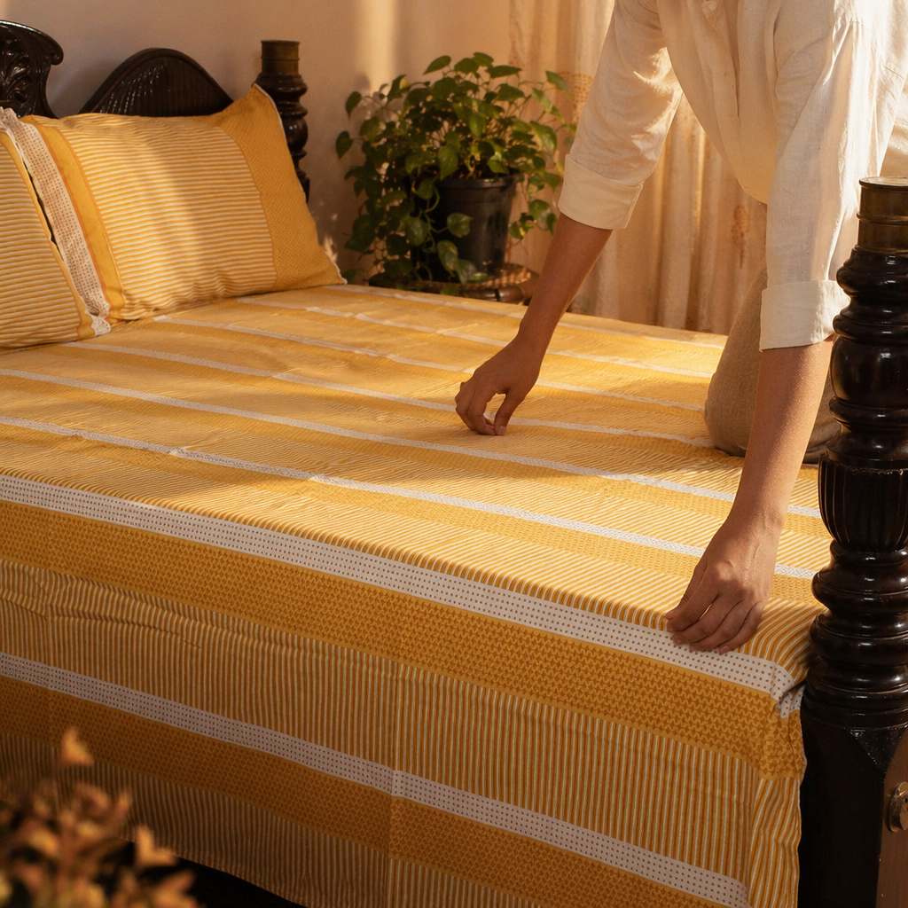 Mustard & Off-White Textured Cotton Bedsheet, The Linen Room. Handmade in India by House of Taraasha.