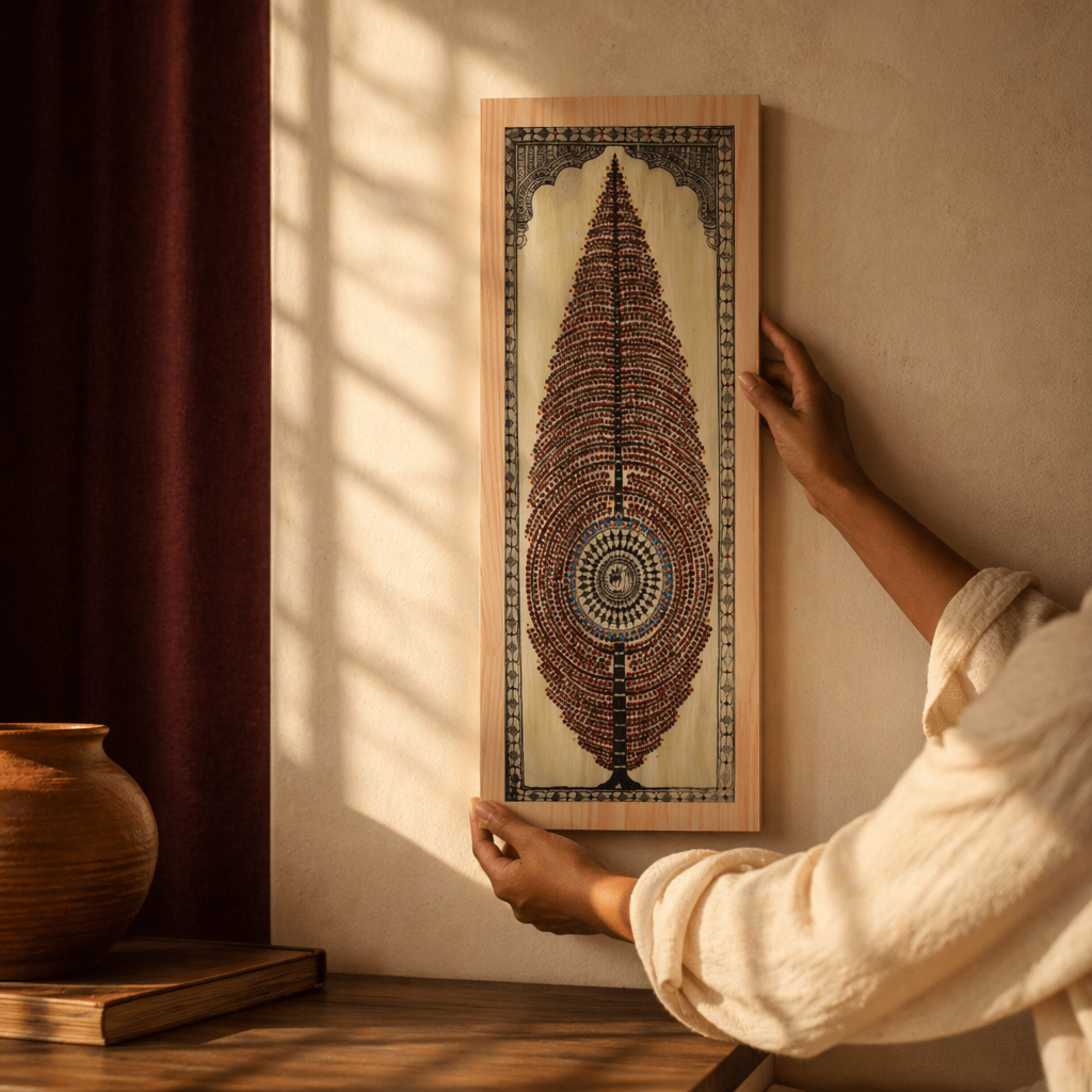 Pattachitra Tree of Life National Award Artist, Tussar Silk, The Art Wall. Handmade in India by House of Taraasha.