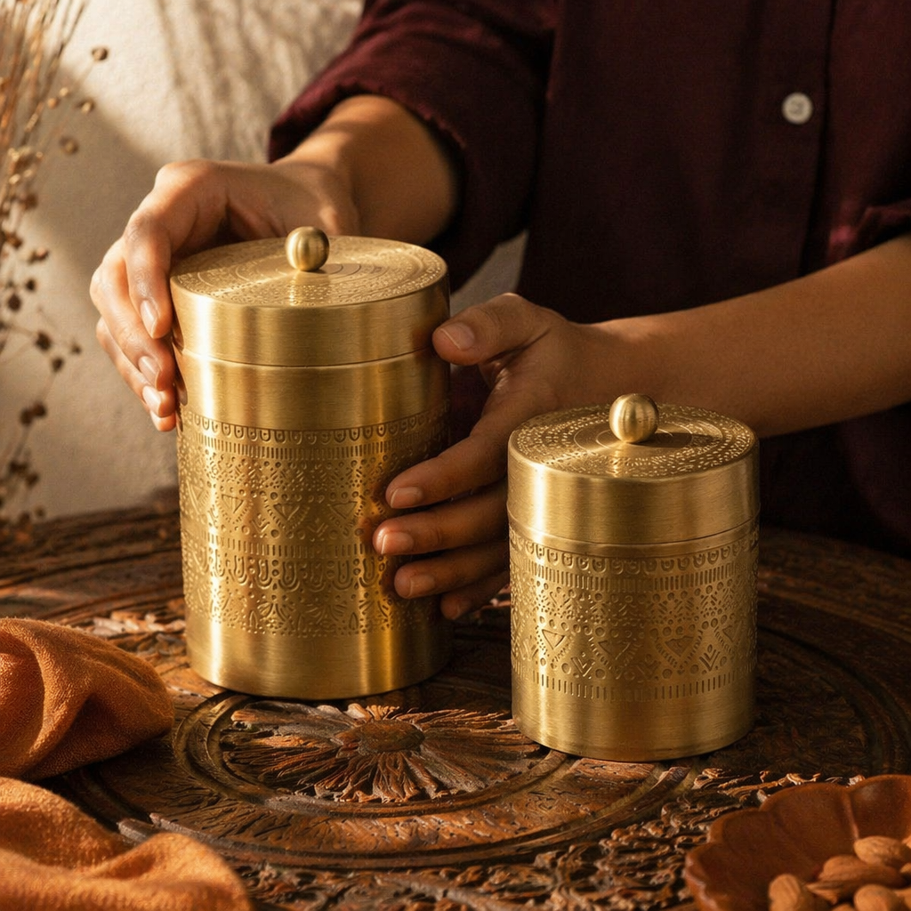 Moradabad Floral-Etched Brass Dabba Set of Two, The Brass Atelier. Handmade in India by House of Taraasha.