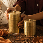 Moradabad Floral-Etched Brass Dabba Set of Two, The Brass Atelier. Handmade in India by House of Taraasha.